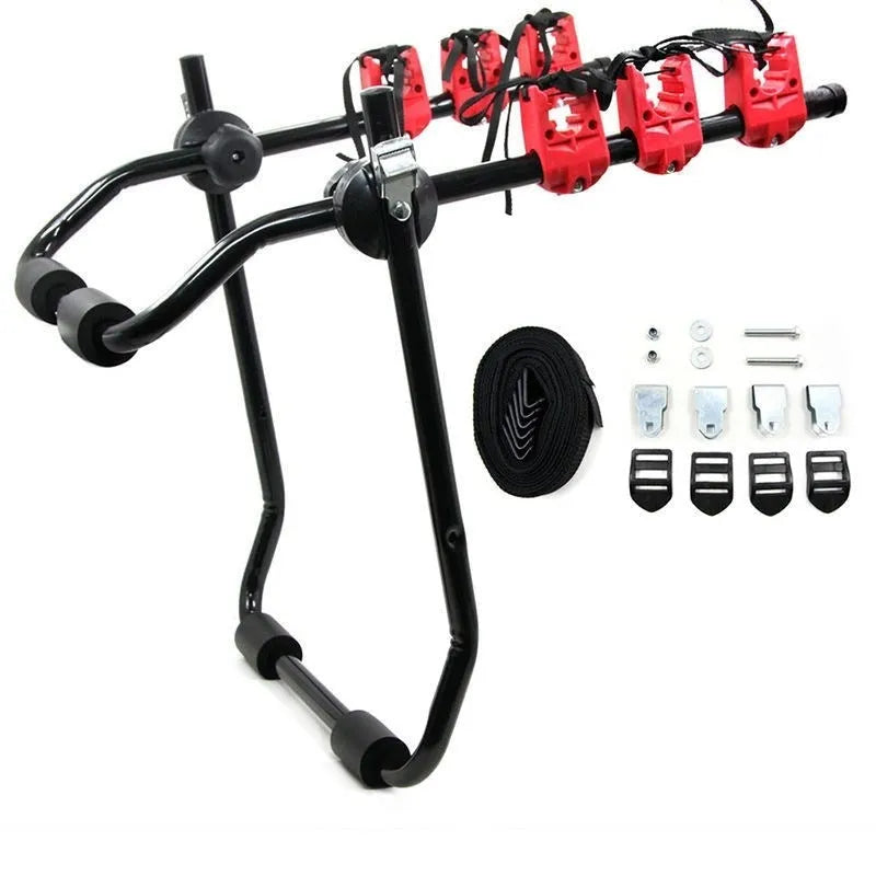 Black and red trunk mounted car bike holder rack showing rope tie and pull belt fastening options.