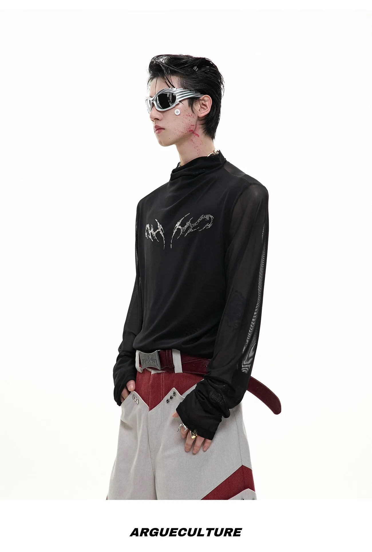 Slim fit long sleeve mesh shirt in black on a hanger, showing its lightweight texture and modern cut.