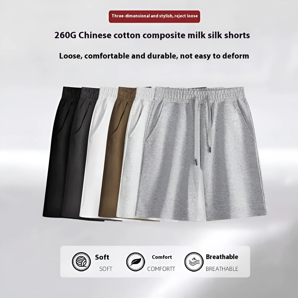 Men's and women's straight cut cotton sports shorts in multiple colours on a plain background.