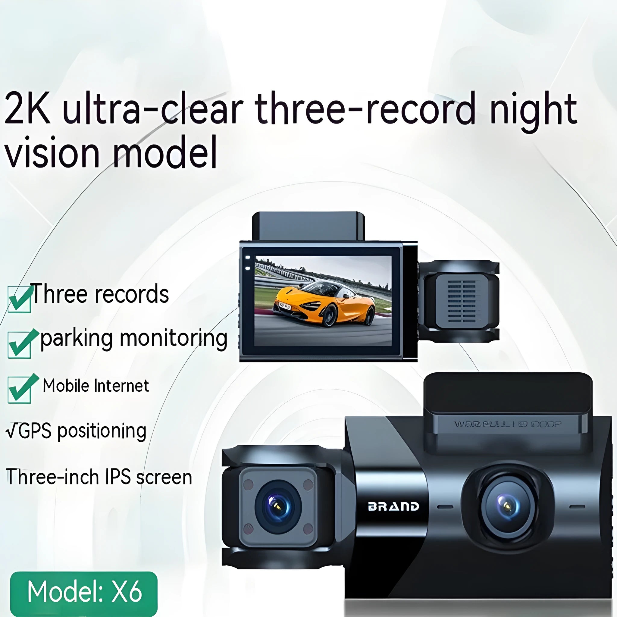 Black car dashboard camera with 5-inch screen, GPS, and mobile phone Wi-Fi interconnection.