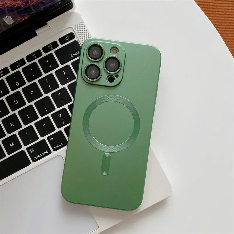 Aluminium alloy and PC magnetic iPhone case with lens protector for iPhone 12, 13, 14 models in black, blue, gold, purple, silver.