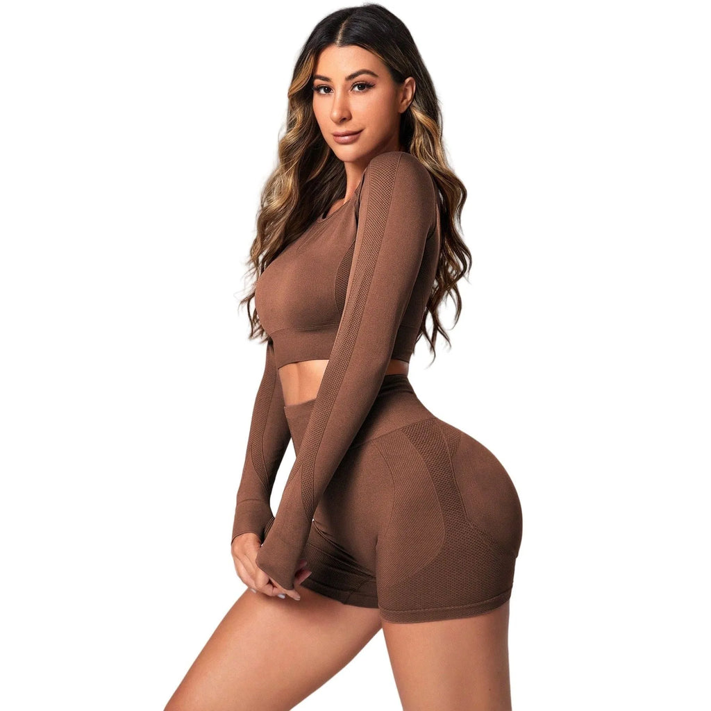Women's high waist yoga suit in solid color with long sleeve top and pants for quick-drying performance