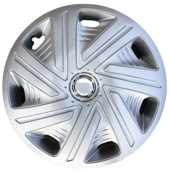 Universal monochrome ABS plastic wheel hub cover in silver finish, shown next to a black version.