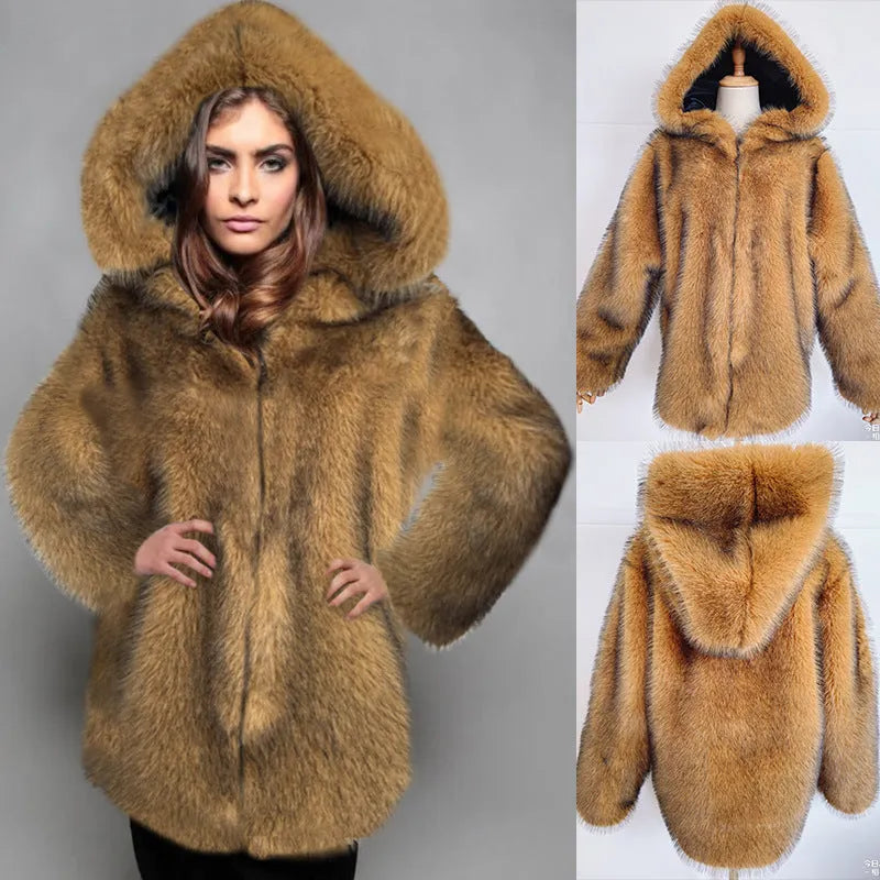 Silver grey loose-fit mid-length faux fur coat for women on a hanger