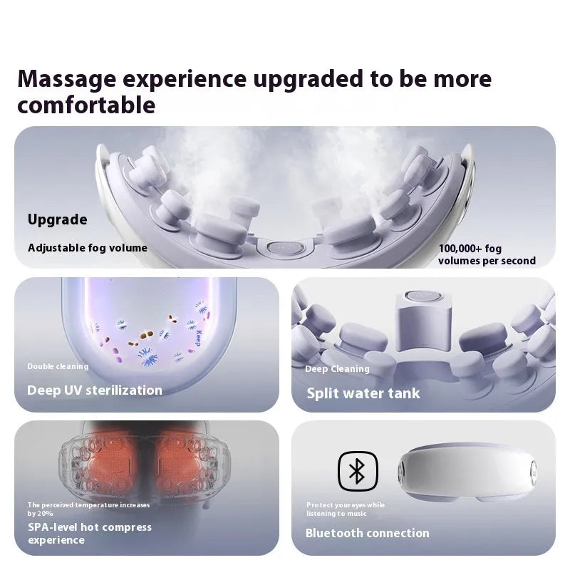 Purplish Gray Bluetooth eye hot compress massager with USB charging cable on a table.