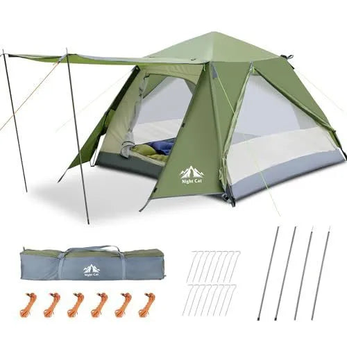 Dark green instant pop-up two-person camping tent shown pitched outdoors.