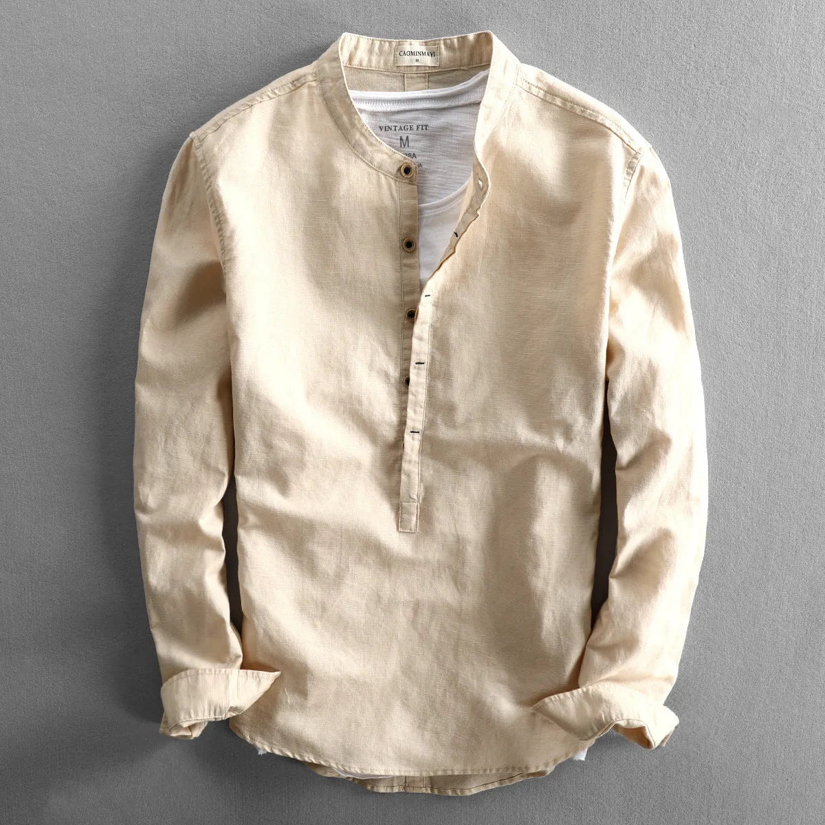 Men's casual loose long sleeves linen shirt solid colour light gray front view