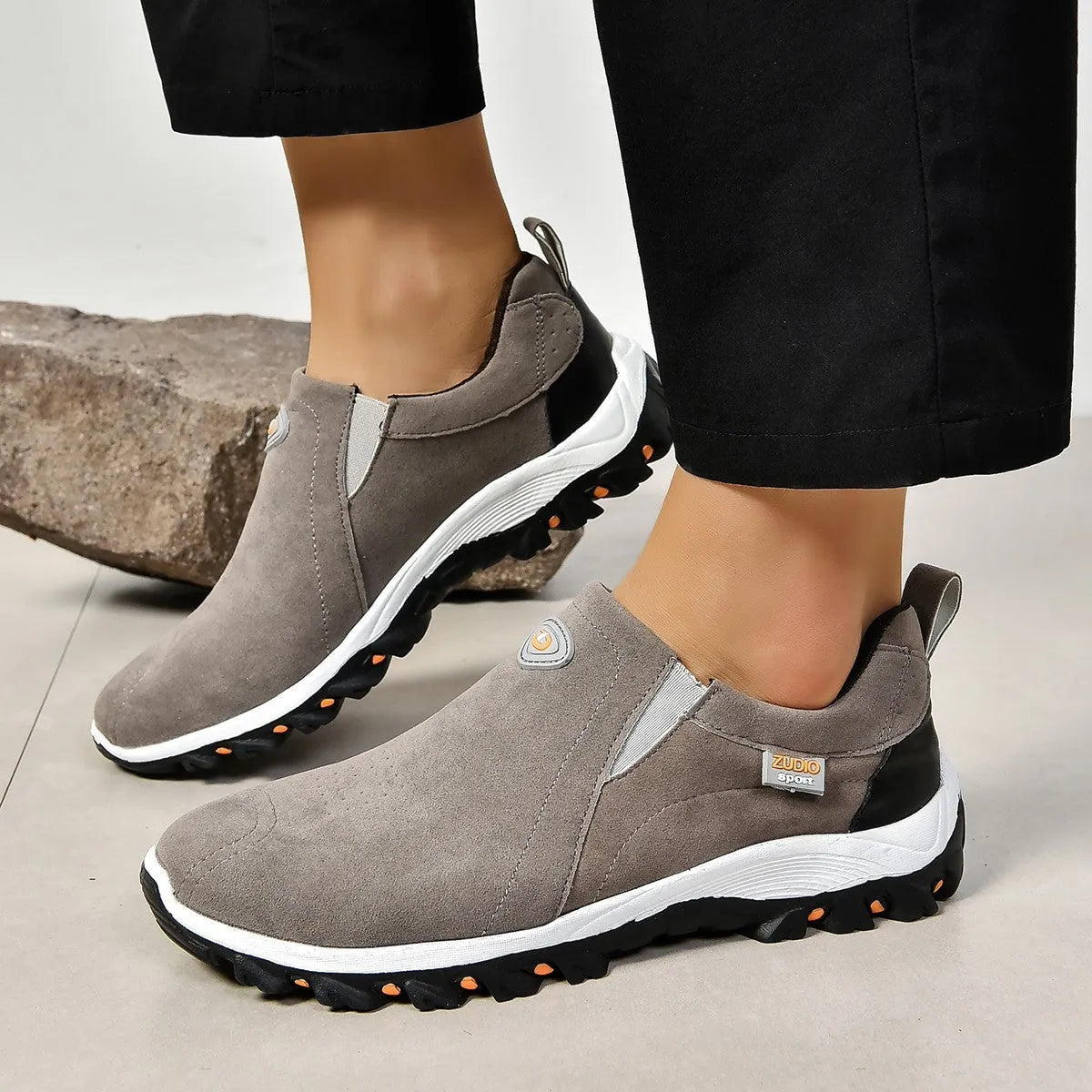 Men's round toe thin shoes in grey, made from PU with a rubber sole, shown on a white background.