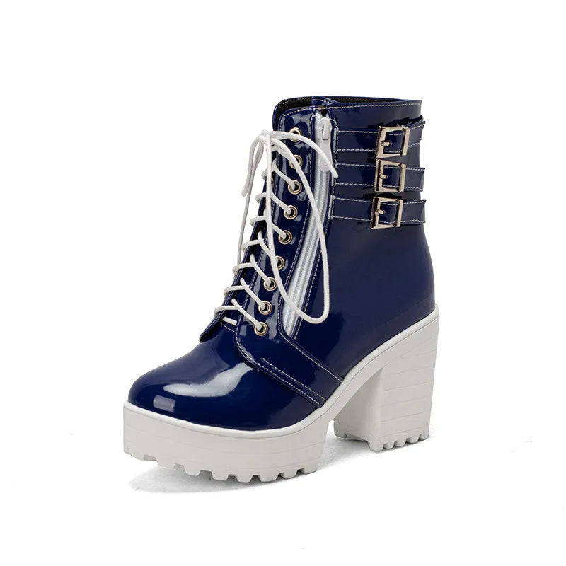 Women's black thick-heeled short boots with lace-up front, round toe, and waterproof platform sole