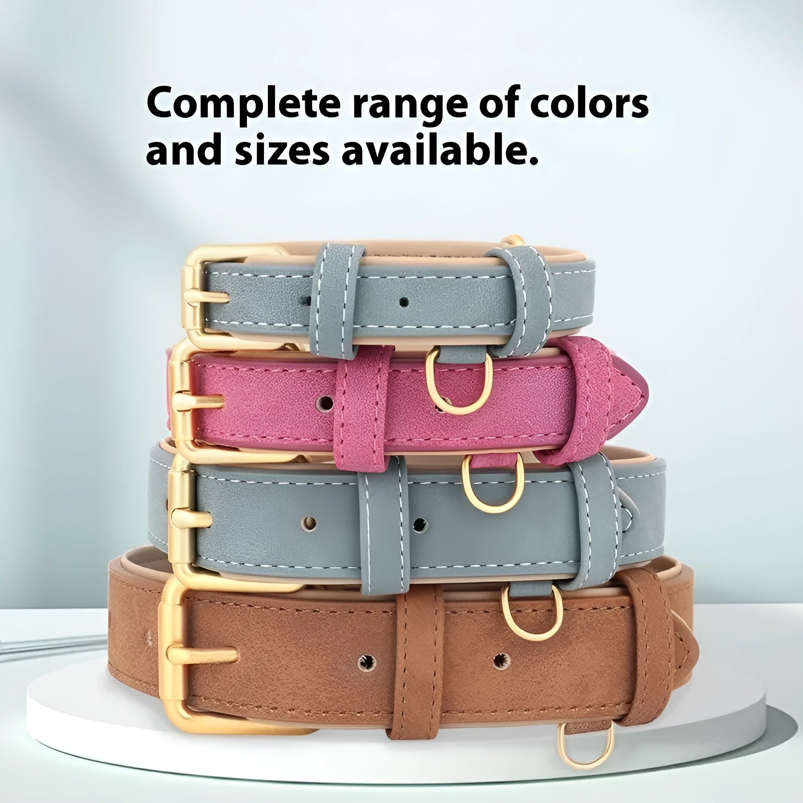 Double-layer leather dog collar and matching lead in rose red, brown or blue