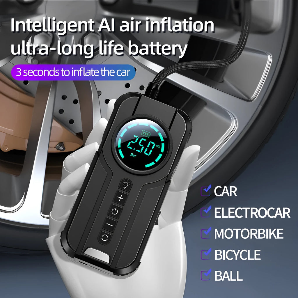 Wireless portable 12V car air pump with accessories including nozzles and power cable