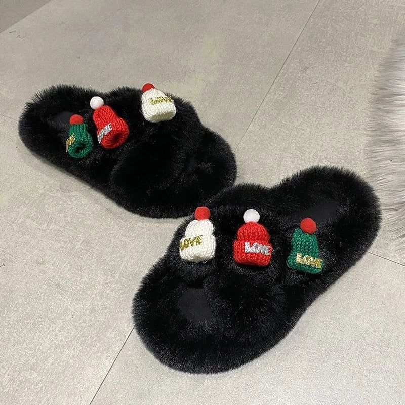 Women's Christmas hat decoration slippers in faux plush, available in black, khaki, and white colours.