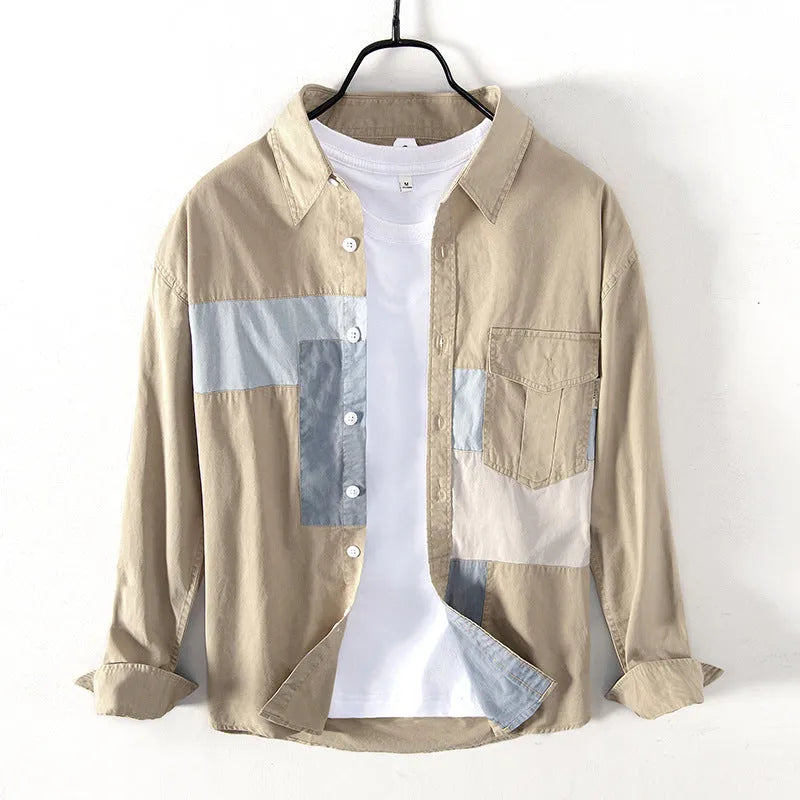 Men's cotton casual shirt jacket in khaki, loose fit cardigan style with long sleeves