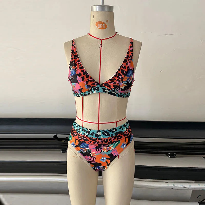 Women's high-waist floral print bikini set in polyester fabric for swimming