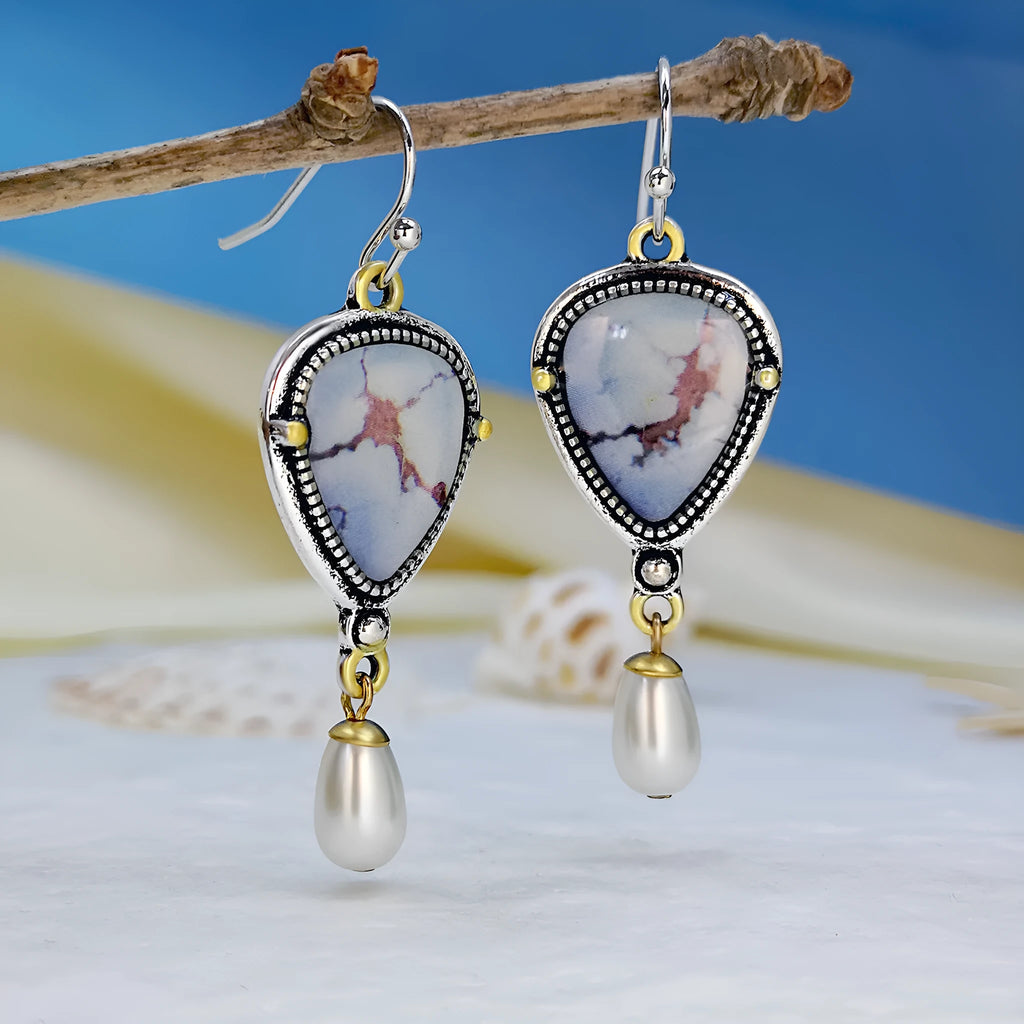 Retro blue geometric drop earrings with synthetic opal and pearl accents on metal