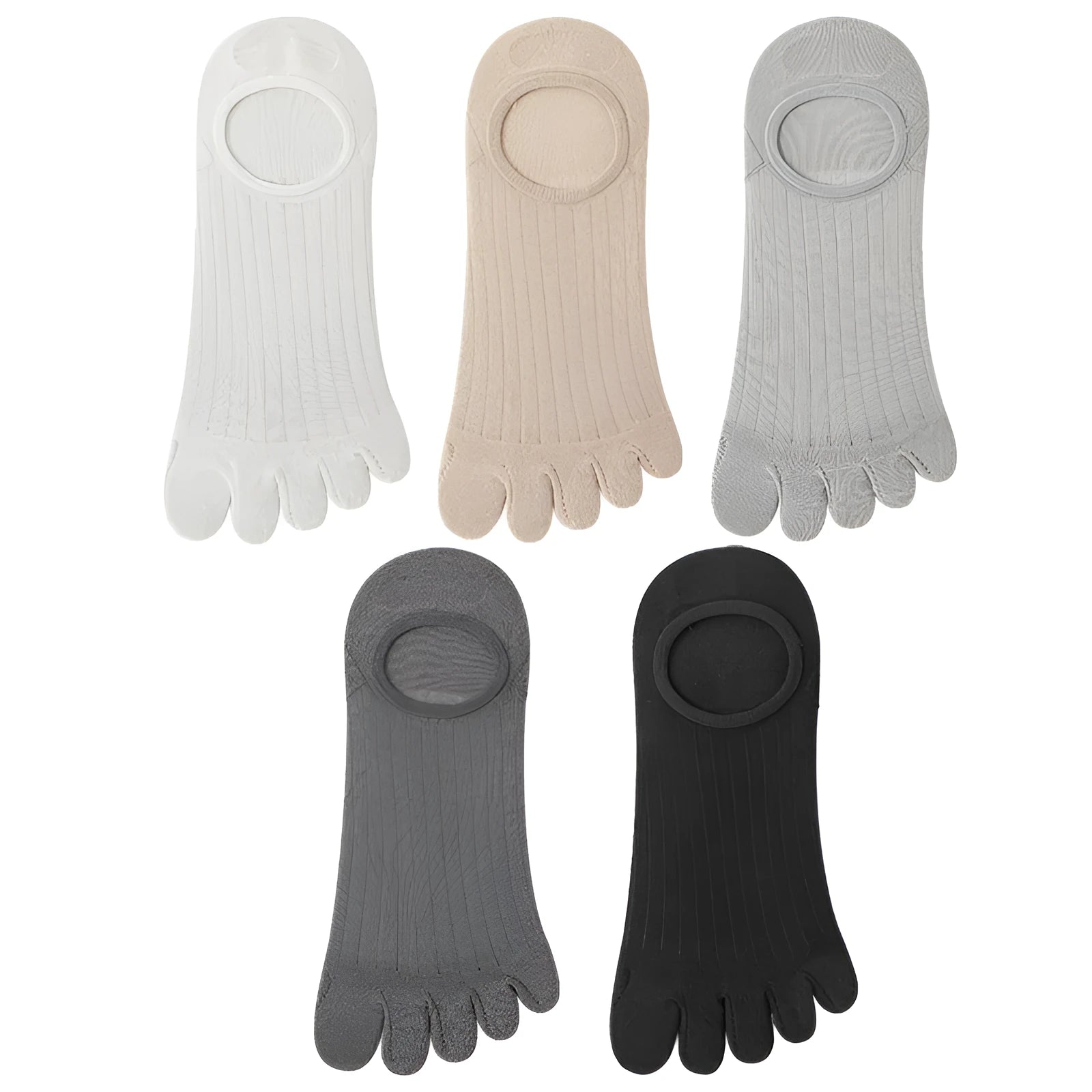 Men's grey five-finger invisible socks laid flat, showing individual toe separations and low-cut design.