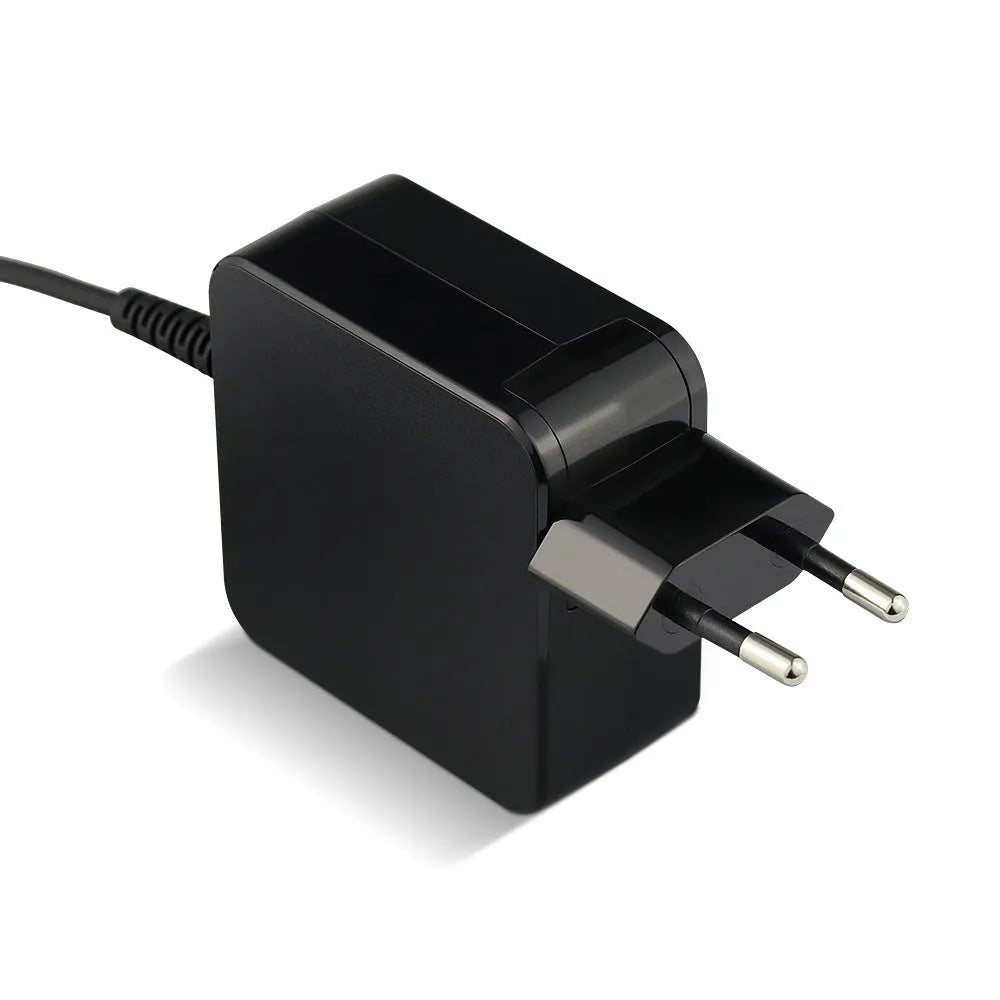 Black 45W Hua laptop adapter with American plug showing compact dimensions