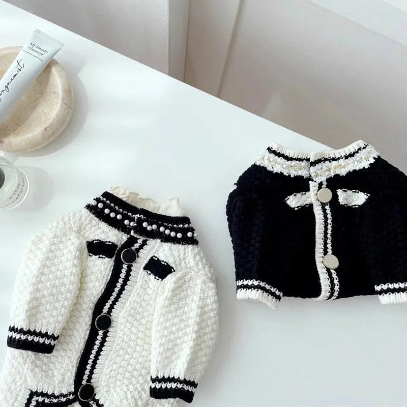 Korean style white puppy sweater with pearl collar on small dog
