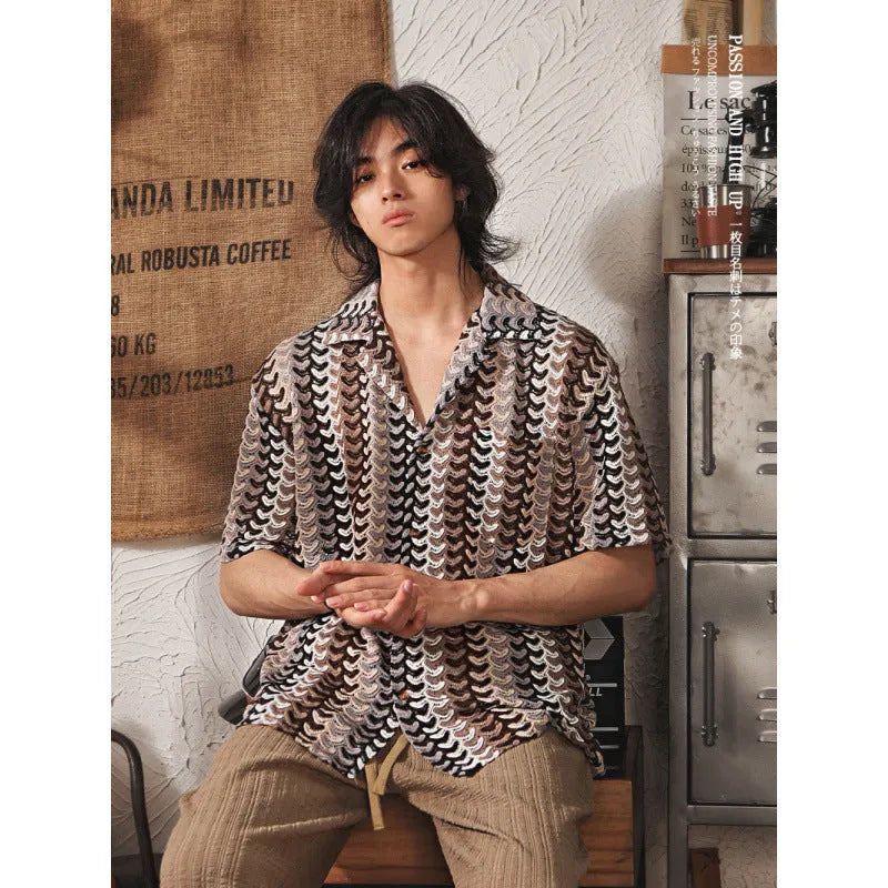 Grey men's short sleeve shirt with Cuban collar and jacquard pattern, shown in slim fit