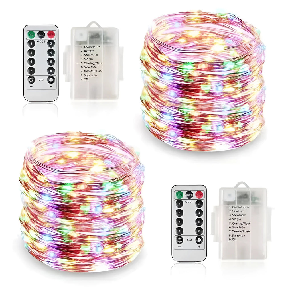 12 metre copper wire battery-operated string lights with 120 LED lamps in multiple colour options