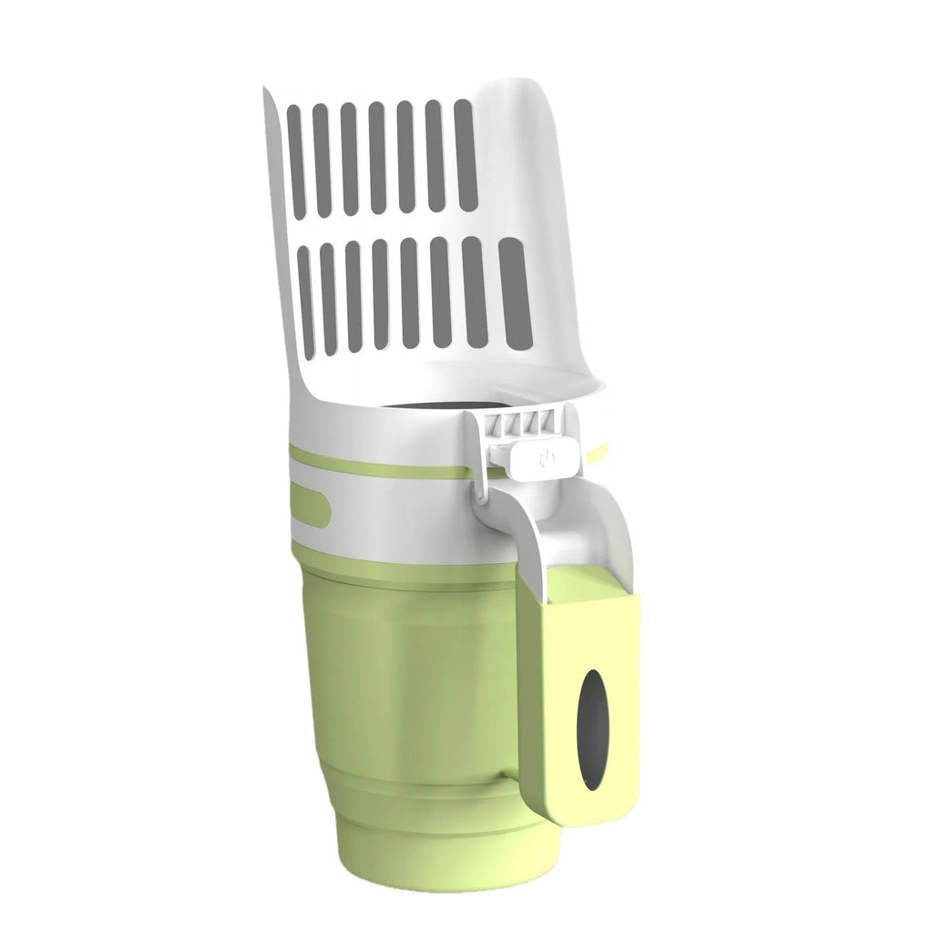 Grey foldable cat litter scoop and waste bin system with a non-slip handle and secure lid.