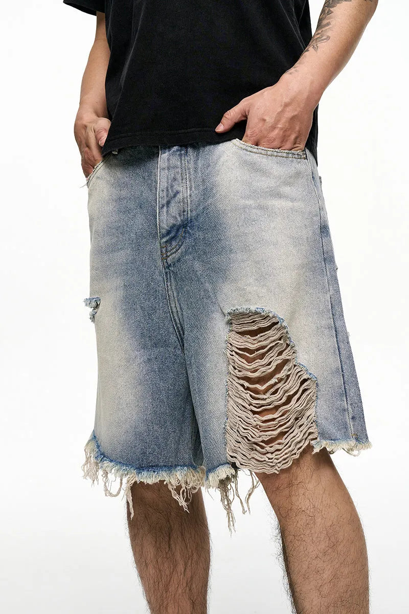 Men's light blue baggy denim shorts with a mid-rise waist and wide leg fit.