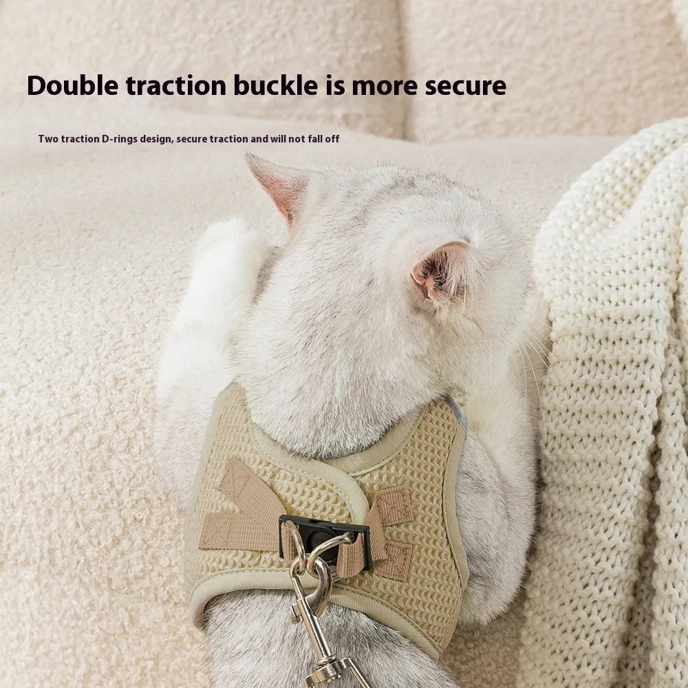 Brown cloth cat harness with chest strap and waffle texture, shown with size options