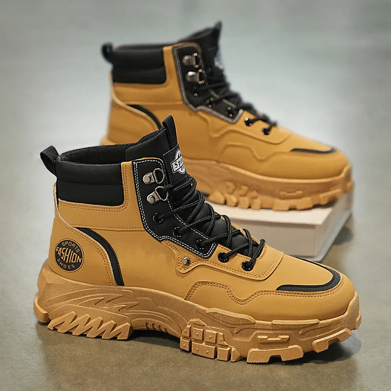 Men's black and yellow Martin work boots showing mid-calf height and stout heel.