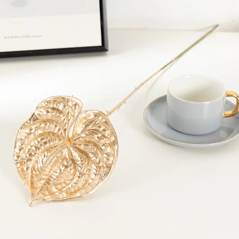 Artificial Persian eucalyptus ginkgo leaf flower arrangement in gold plastic for wedding home decor
