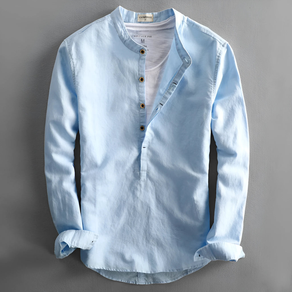 Men's casual loose long sleeves linen shirt solid colour light gray front view
