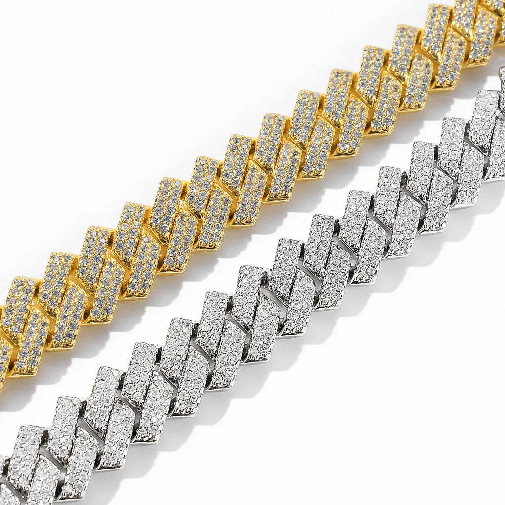 14mm copper Cuban link chain for men with micro-inlaid zircon stones in gold finish, 18 inch length