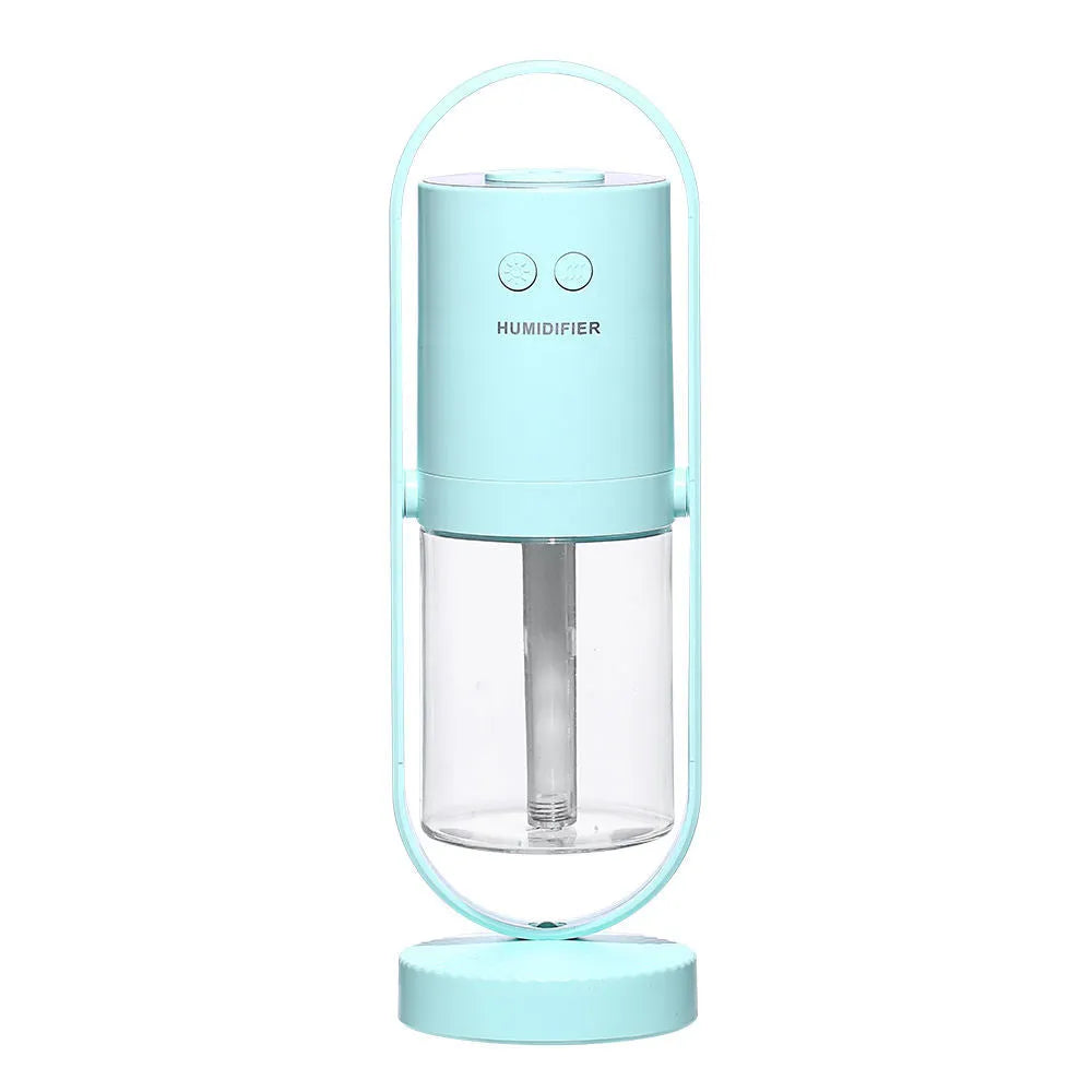 200ml portable USB humidifier with colourful light showing pink, dark blue, sky blue, and white colour options