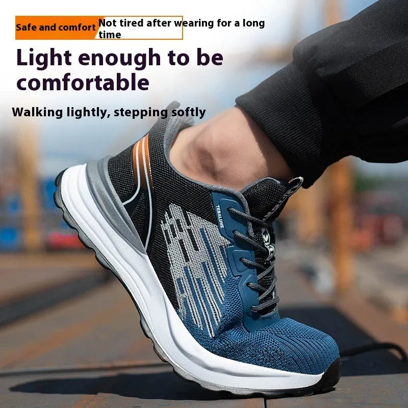 Blue men's low-top safety work shoes with mesh upper, lace closure, and plastic safety toe cap.