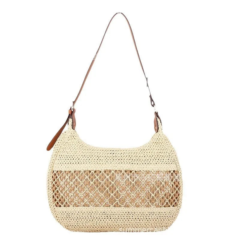 Women's straw cross body bag in horizontal square design with sandwich pocket