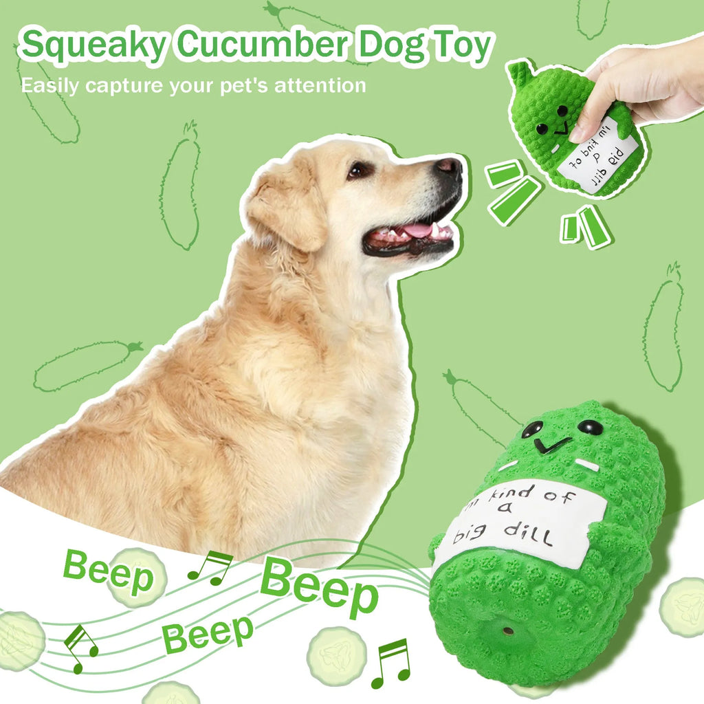 Green pickle-shaped latex dog chew toy with textured surface and squeaker