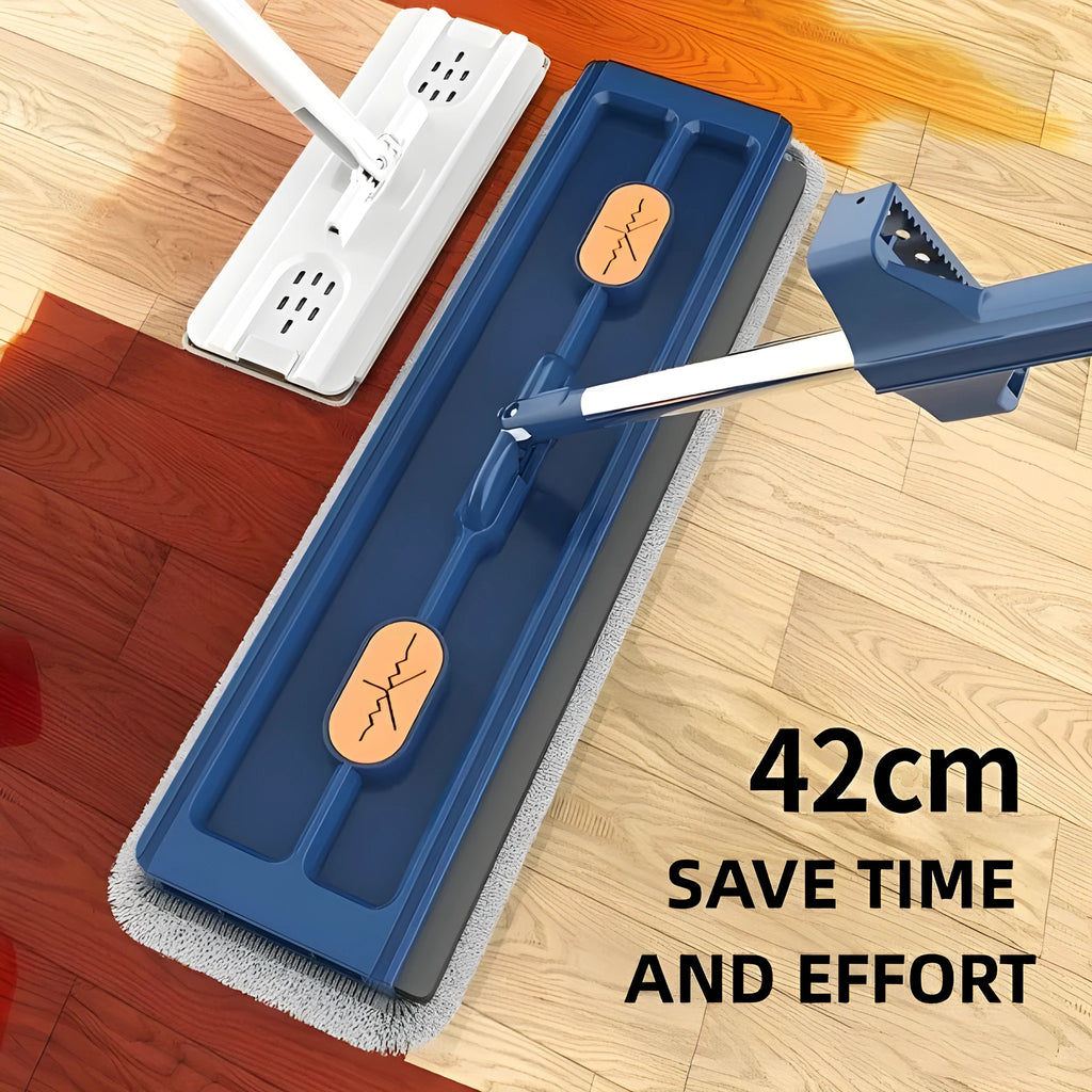 Large flat mop with stainless steel handle and blue mop cloth on hard floor