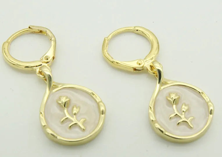 Drop-shaped rose inlaid shell earrings in brass with zircon, hoop and hook styles, cute floral teardrop design