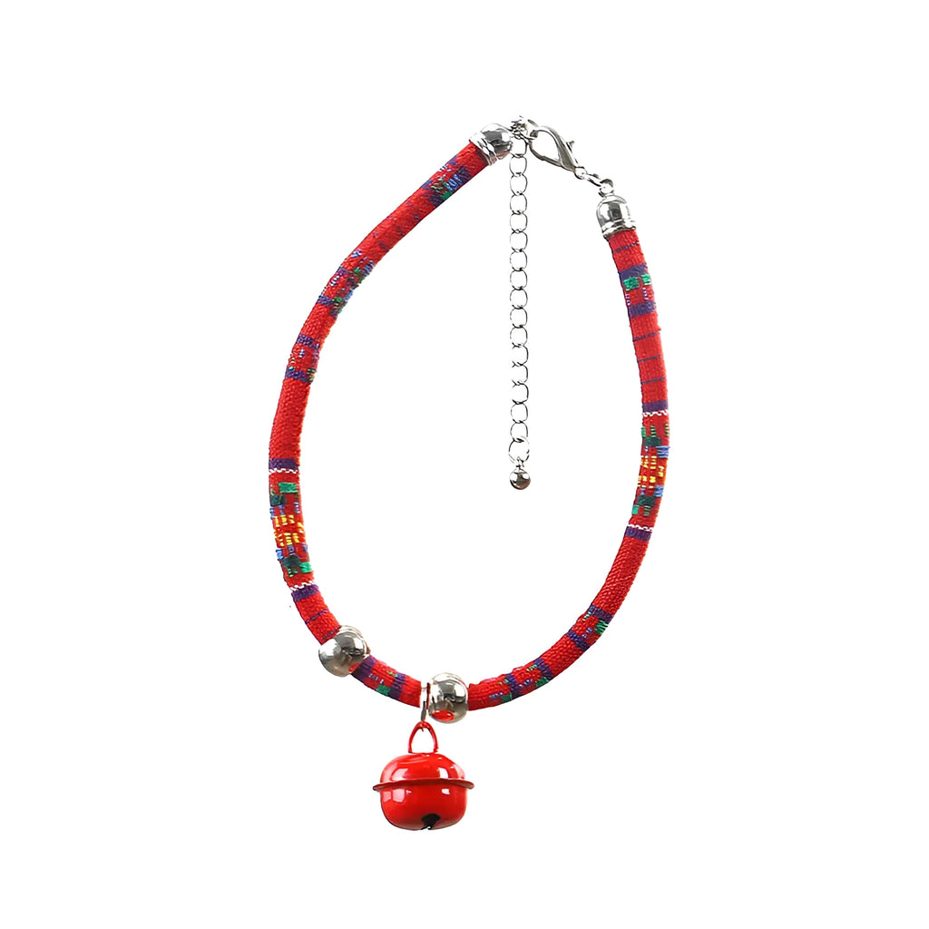 Ethnic pattern adjustable pet collar with bell attachment in multiple colour options