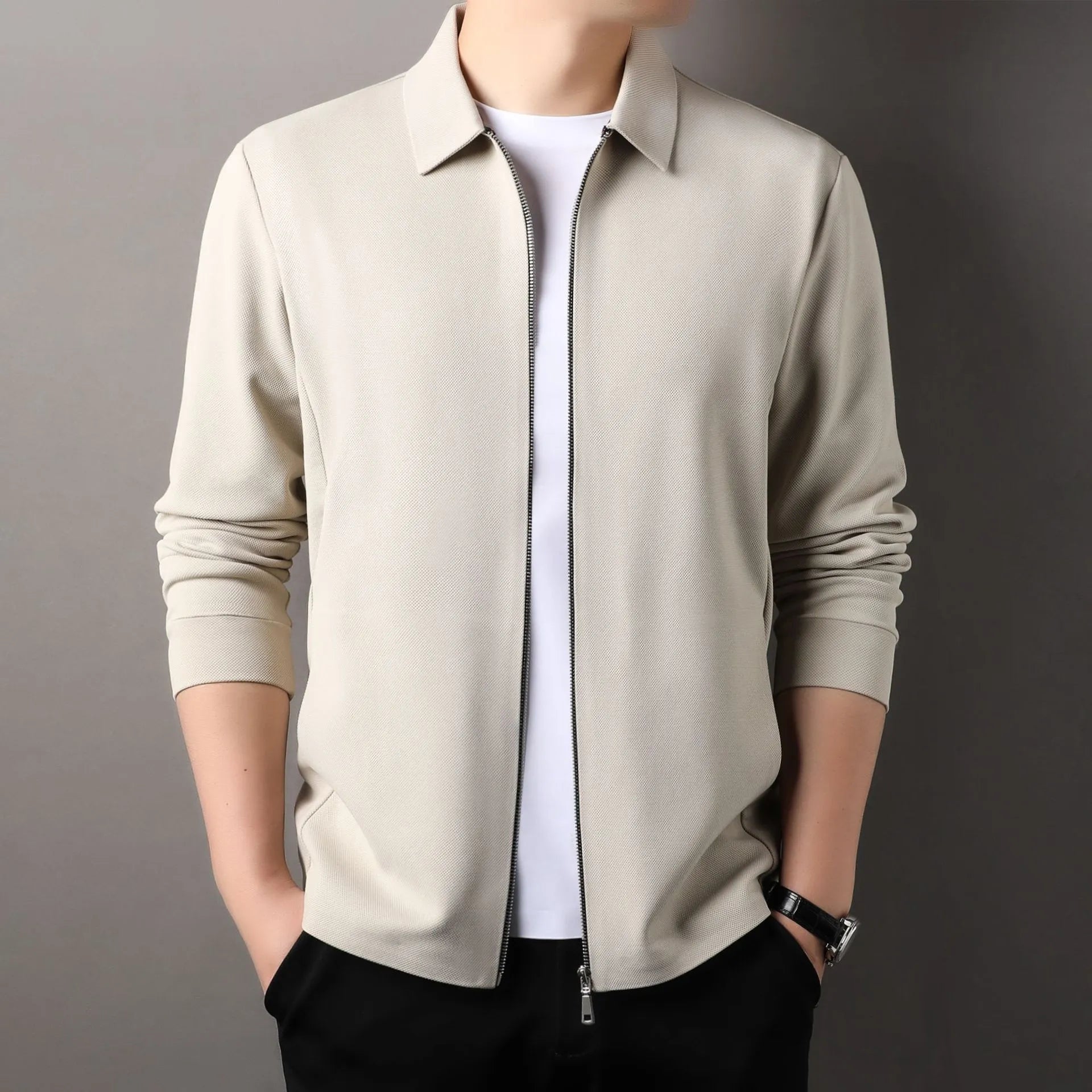 Men's polyester business casual jacket in black, dark gray, or apricot with straight hem