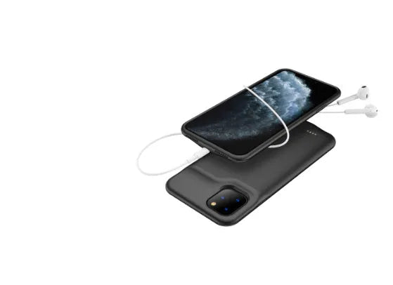 Shockproof silicone iPhone battery charger case in black, blue, pink, or white showing extra power capacity.