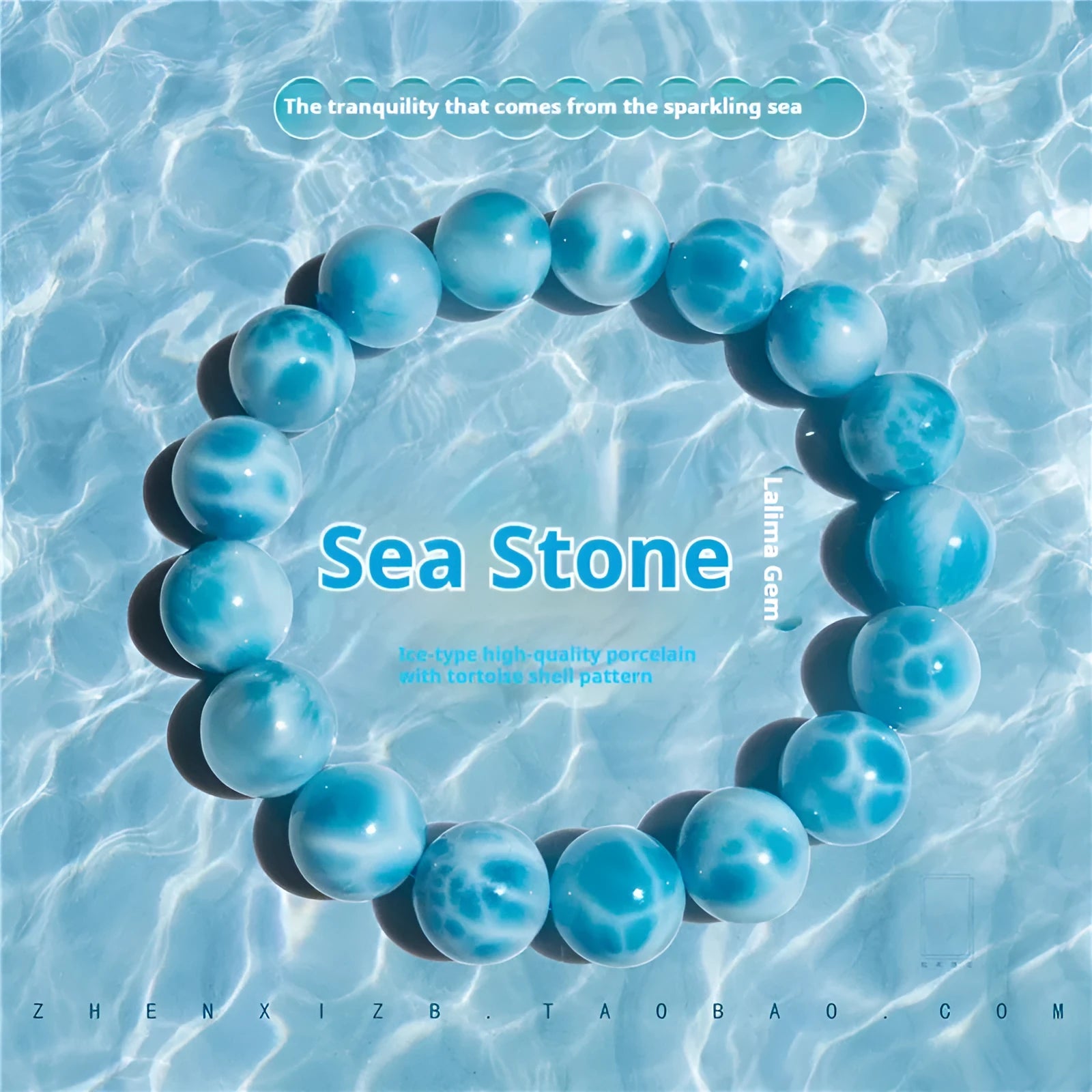 Unisex blue pearl and natural crystal sea-pattern stone bodhi bracelet on a wrist, showing Maillard style design.