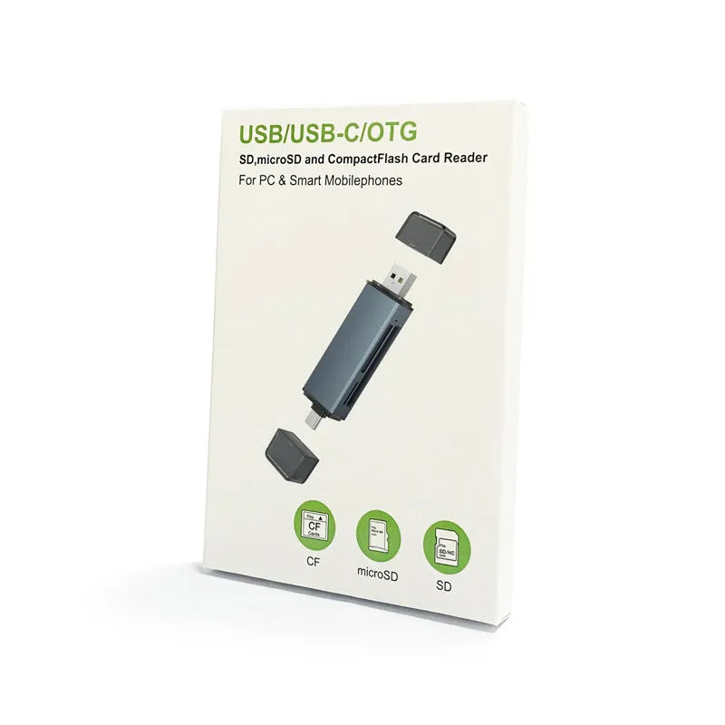 Aluminium alloy CF SD TF three-in-one USB card reader showing its compact size and card slots.
