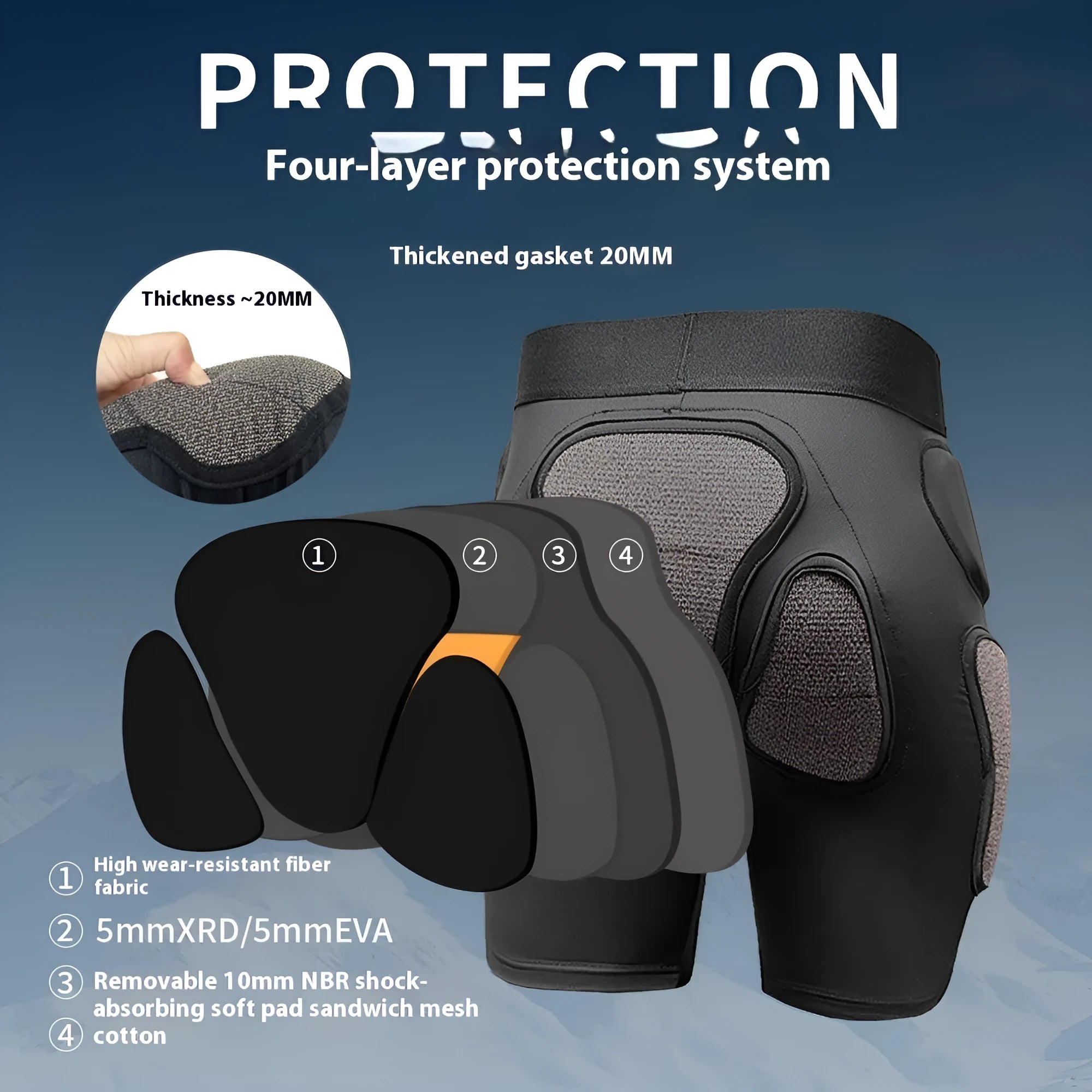 X-ray diffraction skiing protective hip pad and knee pad inner wear cushion in S M L XL sizes.