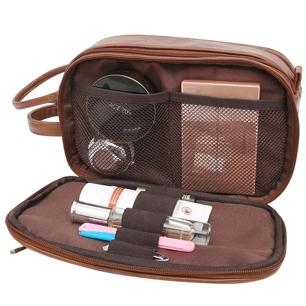 Men's black and brown PU leather toiletry bag for travel storage