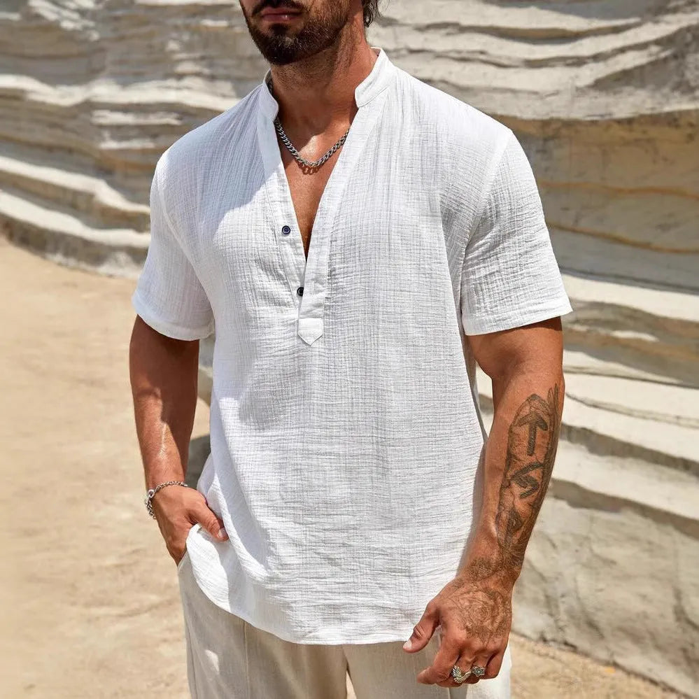 Men's solid colour short-sleeve casual shirt with a stand collar, shown in a light blue colour.