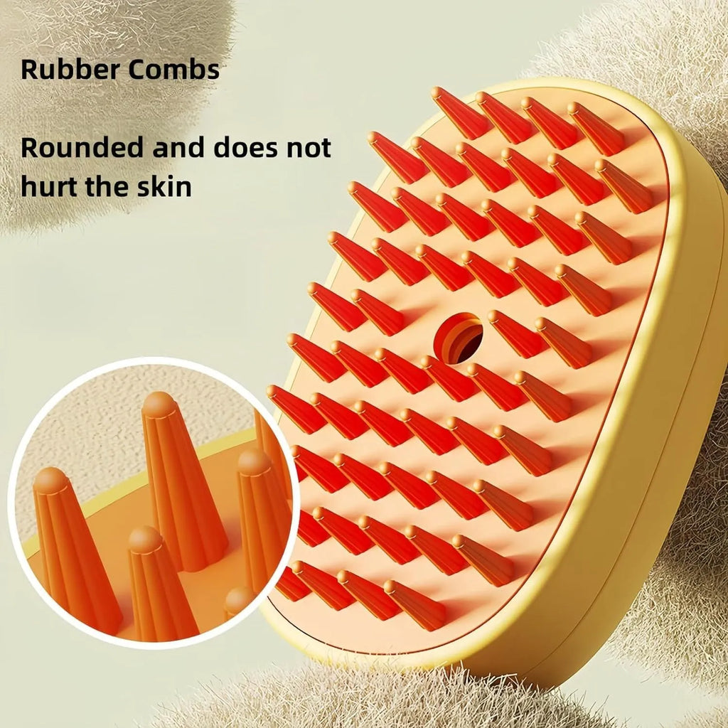 White and yellow pet steam brush grooming tool with rubber teeth and a water tank.