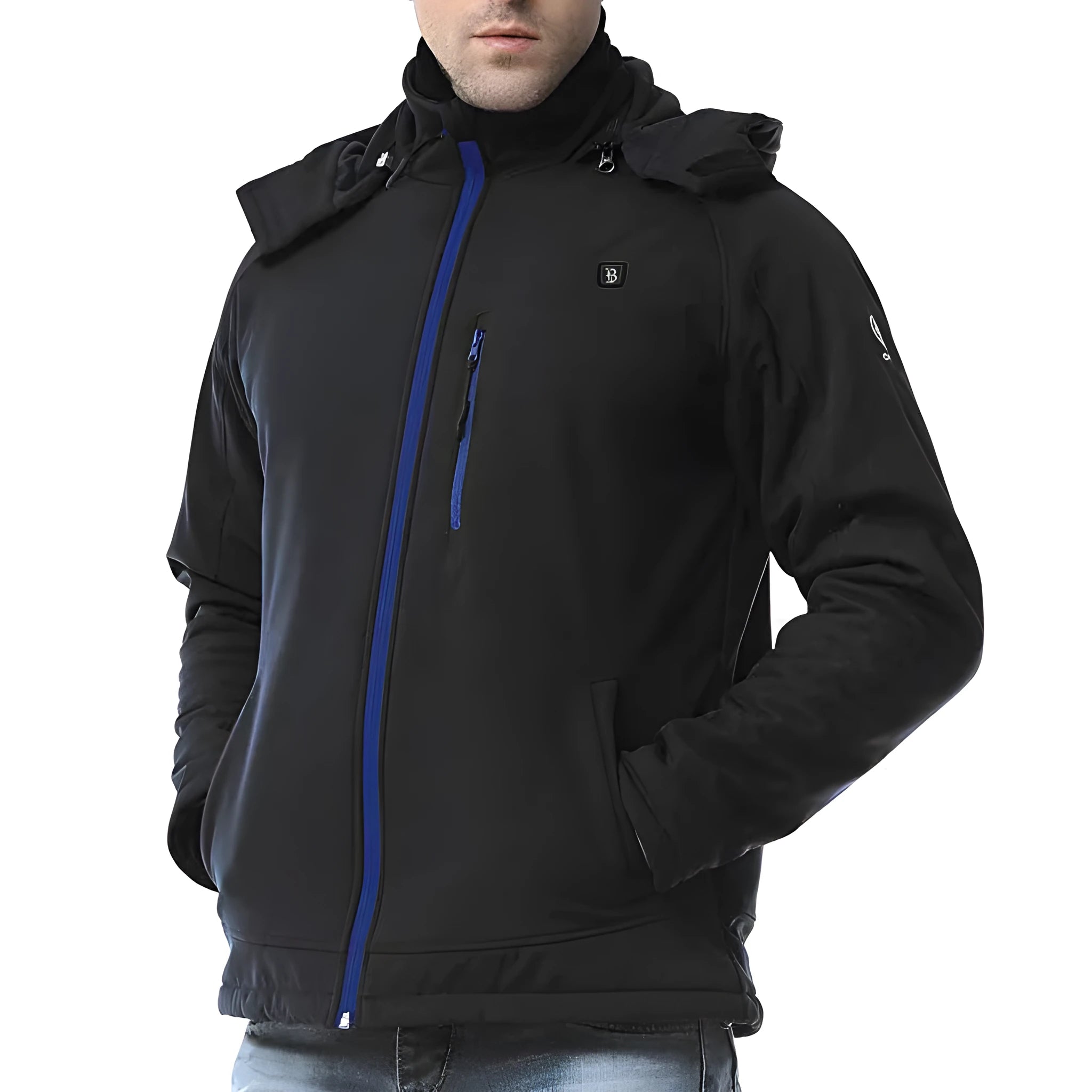 Black USB heated waterproof windproof thermal coat for men with long sleeves and straight hem.