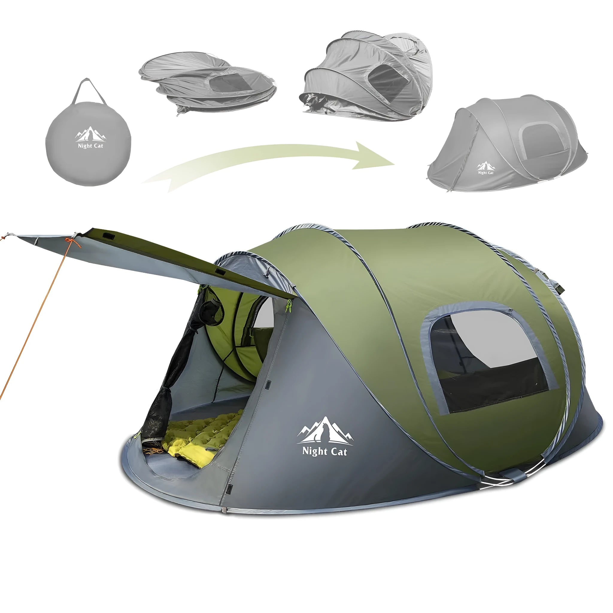 Dark green instant pop-up two-person camping tent shown pitched outdoors.