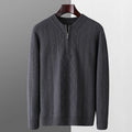 Men's loose-fit pure wool sweater with diamond lattice pattern and half-zip front in dark camel colour.