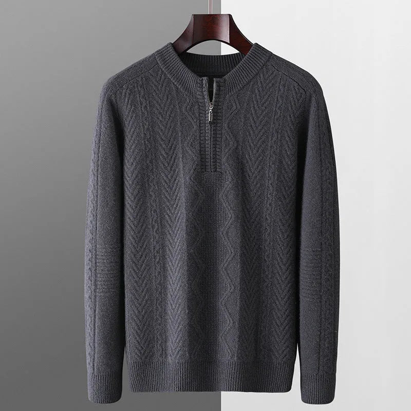 Men's loose-fit pure wool sweater with diamond lattice pattern and half-zip front in dark camel colour.